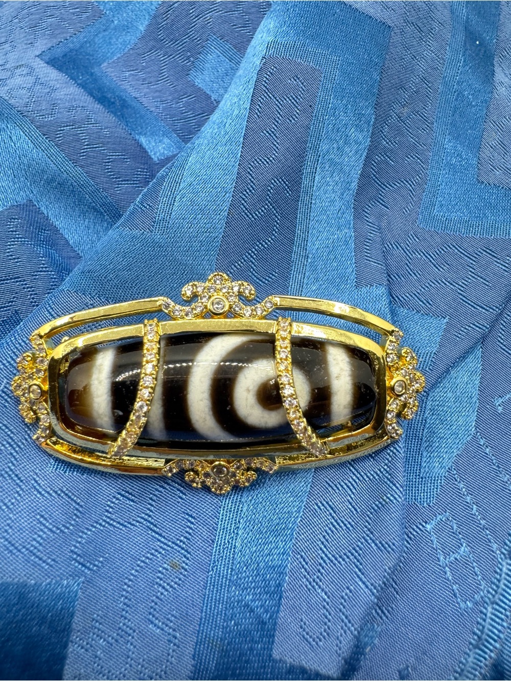 High-Quality Gold-Plated Silver Man-Made Dzi Brooch